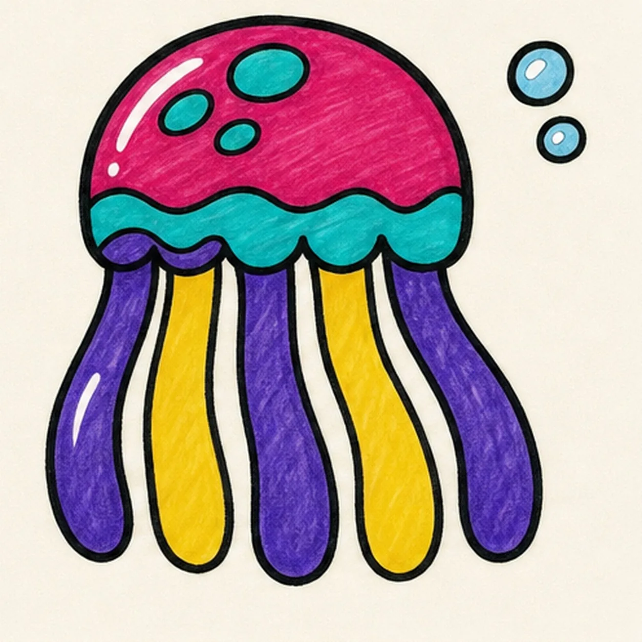 Handmade face-free marker drawing of a colorful jellyfish with raspberry rounded bell, turquoise wavy lower band, five scallops, exactly five closed ribbon tentacles colored violet-yellow-violet-yellow-violet, three turquoise oval spots, two pale-blue bubbles, curved white highlight gaps, and thick imperfect black outlines