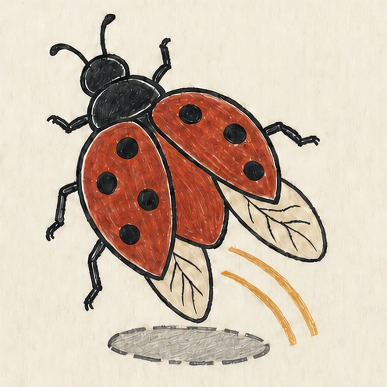 Handmade face-free marker drawing of one ladybug flying diagonally toward the upper left with a black head and thorax, two spread brick-red wing cases carrying exactly seven black spots, two pale cream flight wings with simple black veins, exactly six bent black legs, two curved antennae, two mustard takeoff arcs, one broken warm-gray oval shadow, thick imperfect black outlines, visible marker streaks, and paper highlight gaps