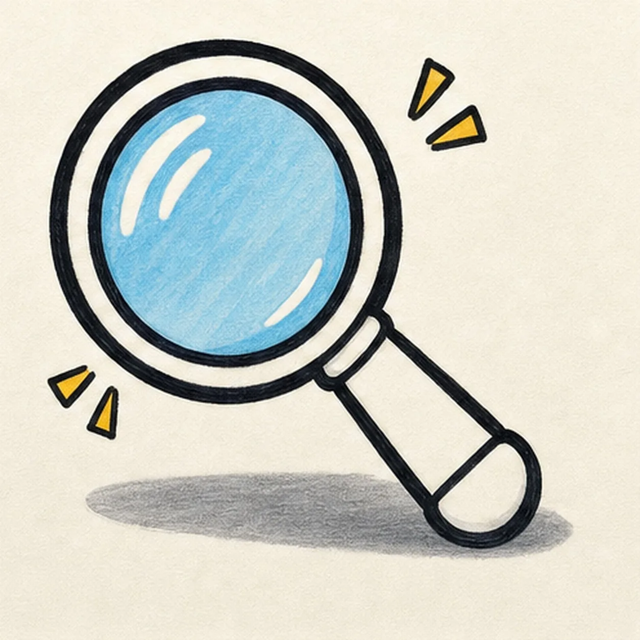 Bold marker doodle of a cartoon magnifying glass with round blue lens, thick black rim, short yellow handle, curved white shine streaks, small search spark marks, gray shadow, and visible marker texture
