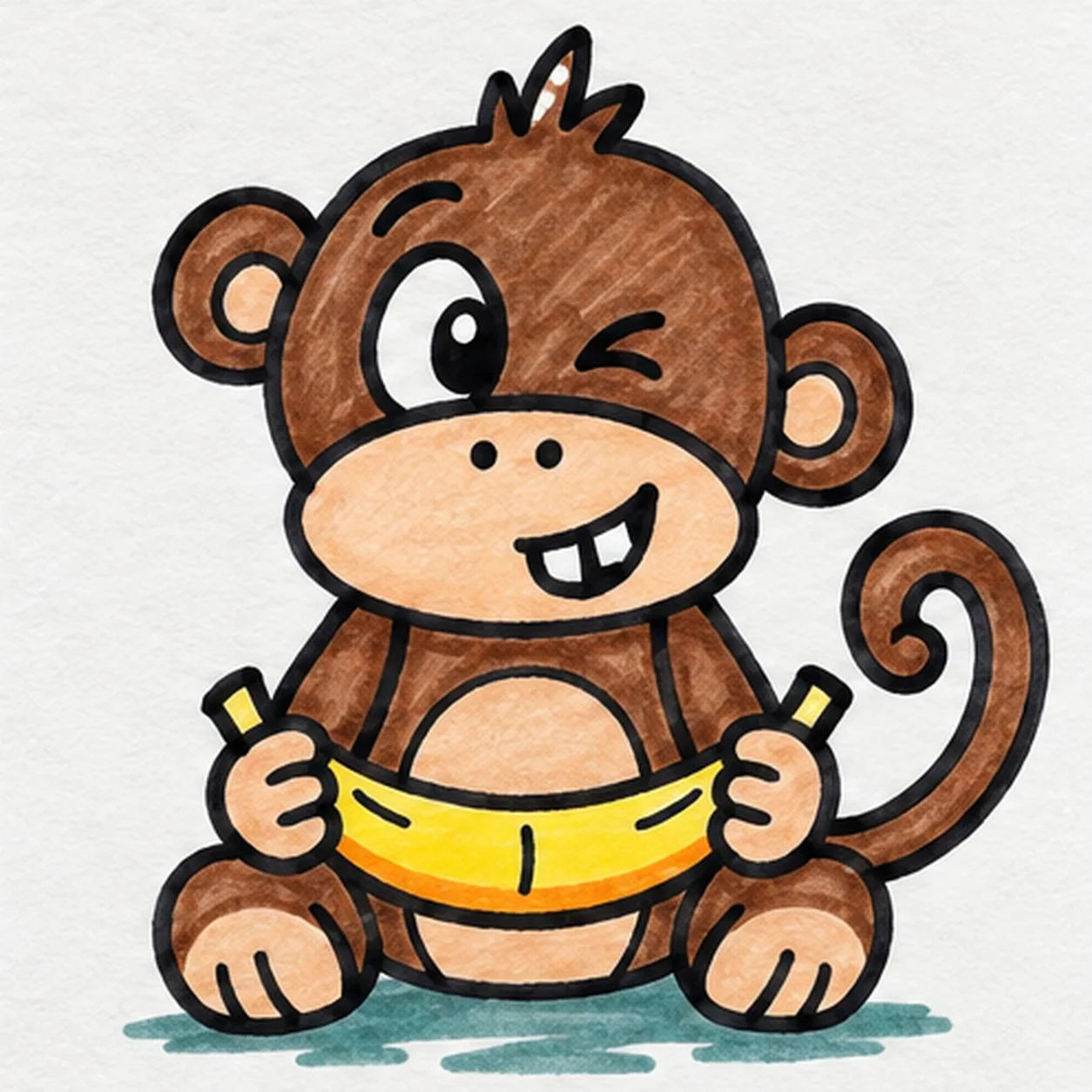 Handmade felt-tip marker drawing of one seated warm-brown cartoon monkey holding exactly one golden-yellow banana with orange lower edge, one wide eye with a sideways pupil and white highlight, one crescent squint eye, one raised eyebrow, exactly two nostrils, one off-center grin with exactly two square teeth, exactly two round ears, one three-point hair tuft with small paper gaps, exactly two peach hands, exactly two bent legs with peach feet, one peach belly patch, one long brown tail curled into one open spiral, exactly three banana peel seams, thick imperfect black outlines, visible marker streaks, and one broad broken teal ground shadow