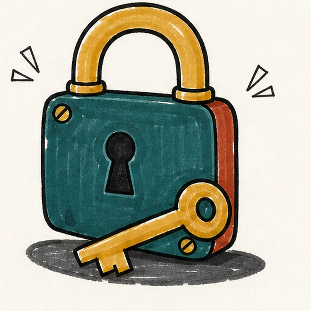 Handmade marker drawing of one face-free chunky three-quarter padlock with a deep-teal rounded body, narrow brick-red side plane, thick mustard arched shackle with two joint collars, one centered black keyhole, exactly two visible mustard corner screws, one separate mustard key crossing diagonally in front with a round bow, teal center hole, straight shaft and two-step teeth, two paired-ray comic glint groups, thick imperfect black outlines, visible marker streaks, paper highlight gaps, and one broken charcoal oval shadow; no face, text, sticker outline, or badge frame