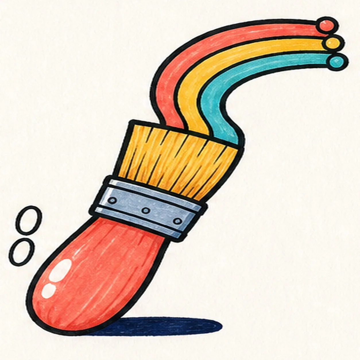 Handmade felt-tip marker drawing of one face-free paintbrush angled from lower left to upper right with a coral rounded handle, blue-gray ferrule, warm-yellow bristles, exactly three parallel paint bands curling from the bristle edge in coral, yellow, and teal, two open-paper handle highlights, simple ferrule and bristle marks, thick imperfect black outlines, visible marker streaks, and one short flat navy shadow.