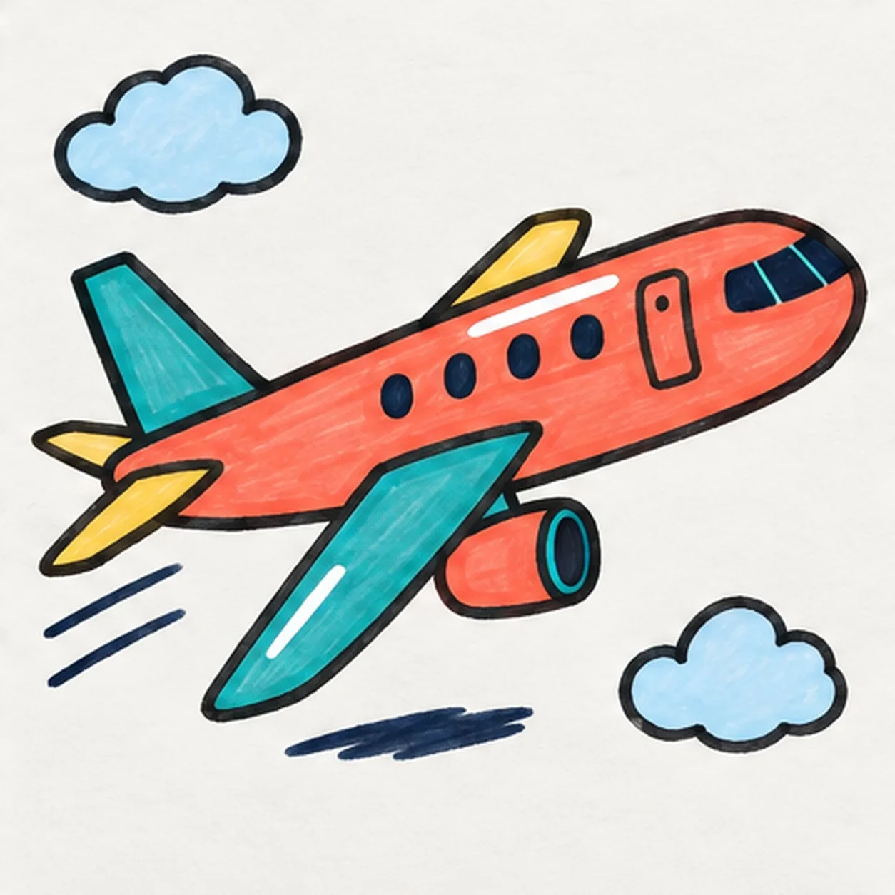 Handmade face-free felt-tip marker drawing of one coral passenger airplane angled upward to the right with one long rounded fuselage, one broad teal near wing, one smaller warm-yellow far wing, one coral-and-teal engine pod, one teal tail fin, exactly two warm-yellow horizontal stabilizers, one deep-navy cockpit window group, exactly four deep-navy cabin windows, one coral door with one dark dot, exactly two pale-blue clouds, exactly two deep-navy motion dashes, exactly two open-paper highlights, thick imperfect black outlines, visible marker streaks, and one broken deep-navy shadow accent