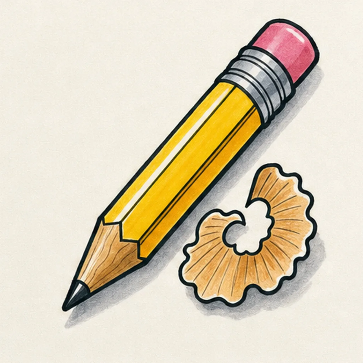 Bold marker drawing of a face-free cartoon pencil with yellow body, pointed wooden cone, black graphite point, pink eraser, silver ferrule bands, curled tan pencil shavings, side stripe, wood grain, thick black outlines, highlight gaps, and soft gray shadow