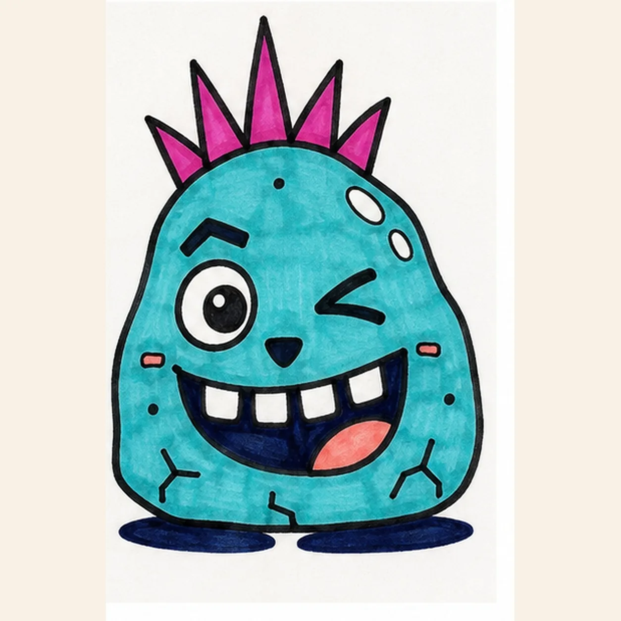 Handmade felt-tip marker drawing of one turquoise cartoon pet rock with exactly five magenta mohawk spikes, one large round left eye, one right winking eye, one raised eyebrow, one rounded triangular nose, one wide grin with exactly four white teeth, one coral tongue, two coral cheek dashes, exactly three lower cracks, exactly three black speckles, exactly two white highlight shapes, thick imperfect black outlines, visible marker texture, and one broken deep-navy ground shadow.