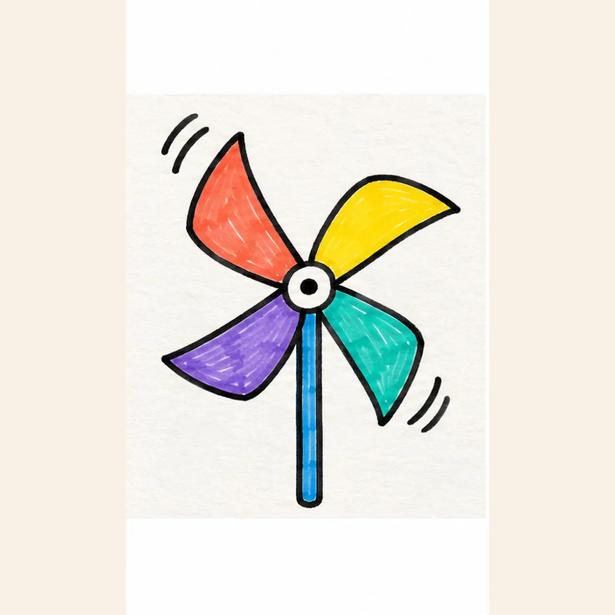 Handmade marker drawing of one four-blade pinwheel with coral upper-left, yellow upper-right, teal lower-right, and violet lower-left paper blades, a round hub with black fastener, a blue vertical stick, four curved motion ticks, thick black outlines, and streaky marker fill
