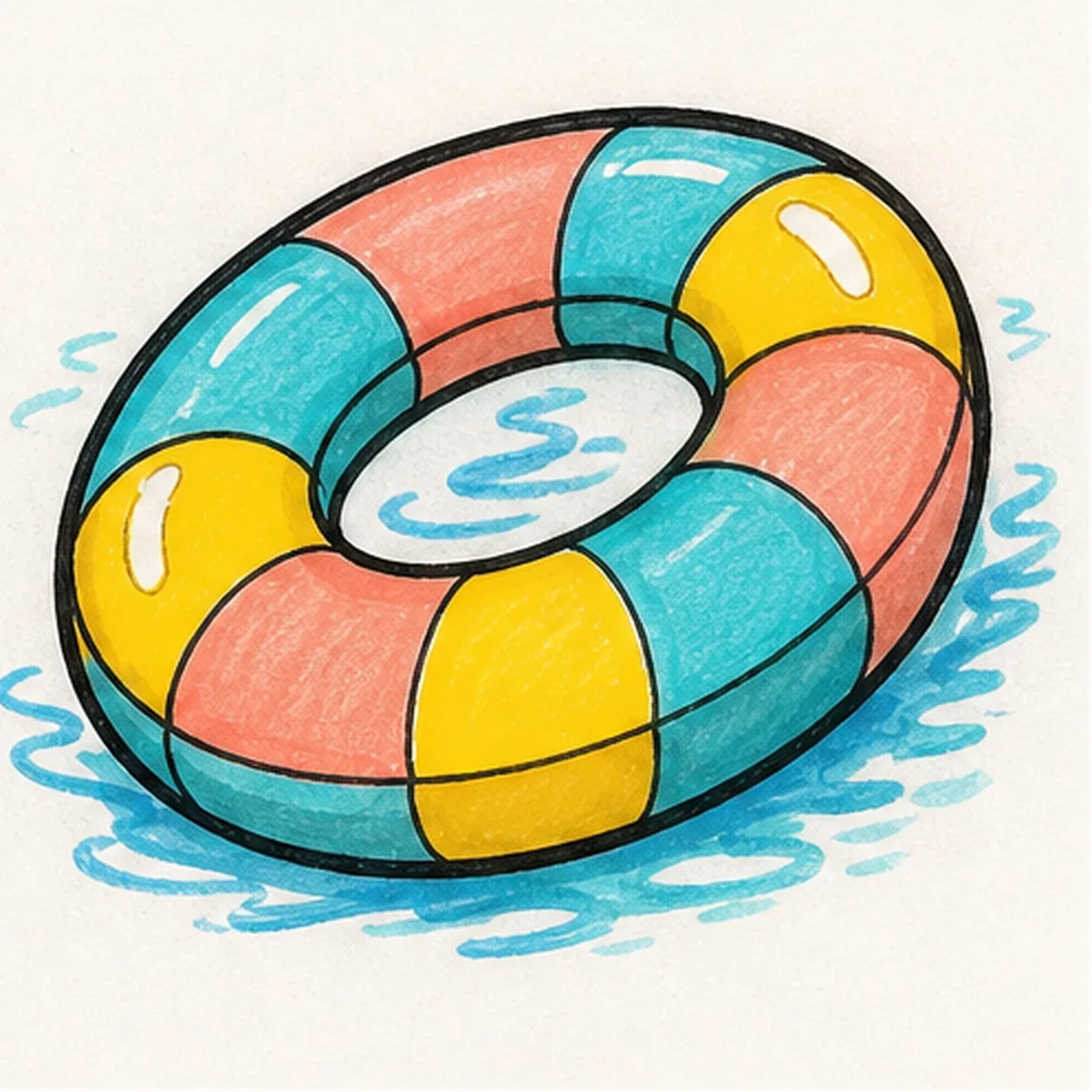 Bold marker doodle of a tilted inflatable pool float with aqua, coral, and yellow stripe panels, inner hole, thick black outlines, white shine gaps, blue water ripples, and visible marker texture