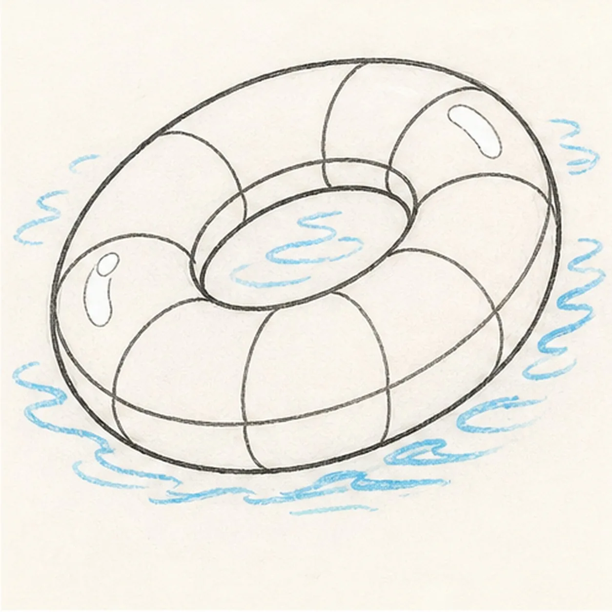 Add ripples and shine stage for how to draw a cartoon pool float doodle