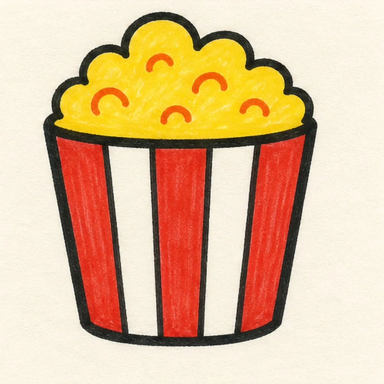 Handmade marker doodle of a striped cartoon popcorn bucket with thick black outline, red stripes, yellow popcorn, orange kernel accents, and no face