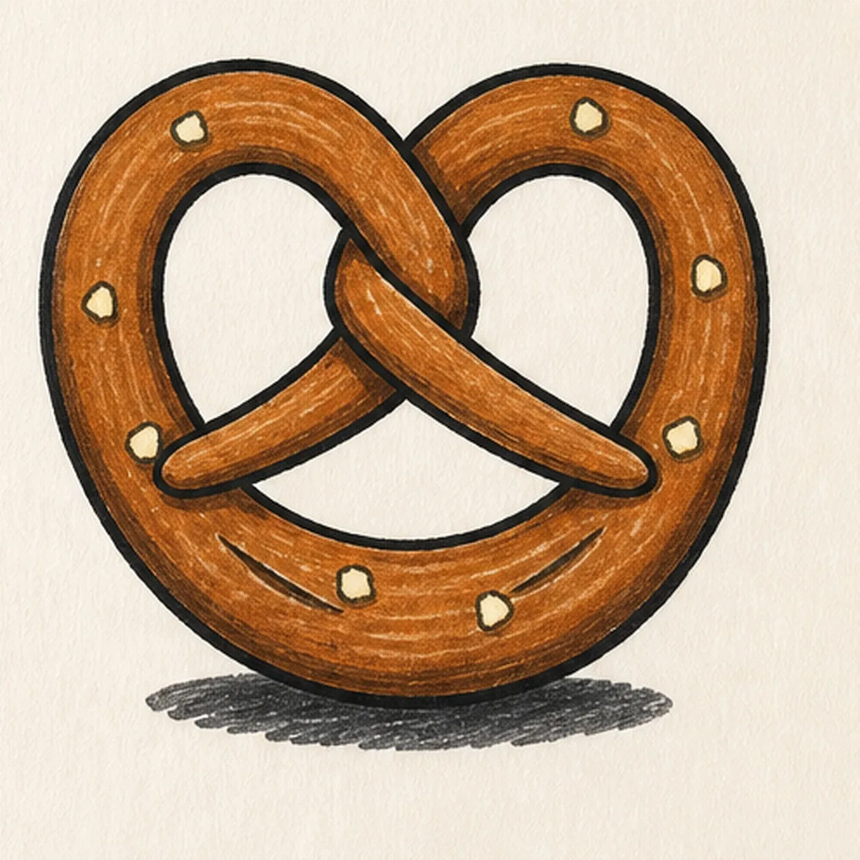 Handmade face-free marker drawing of one classic soft pretzel centered front-on with one continuous toasted-caramel dough rope, exactly two upper openings and one lower opening, a clear central over-under crossing, two tapered arms, exactly two dark-umber bake creases on the lower belly, exactly eight irregular warm-cream salt grains, thick imperfect black outlines, visible natural-brown marker streaks and paper gaps, and one small broken black-gray oval shadow