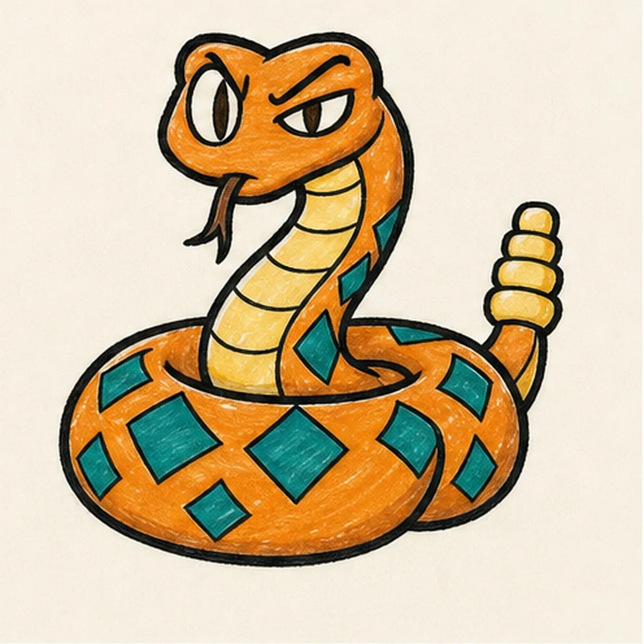 Handmade marker drawing of a coiled orange cartoon rattlesnake with a raised S-curved neck, four yellow rattle segments, teal diamond markings, pale yellow belly bands, one wide eye, one squinting eye, slit pupils, inward brows, a forked tongue, and thick black outlines