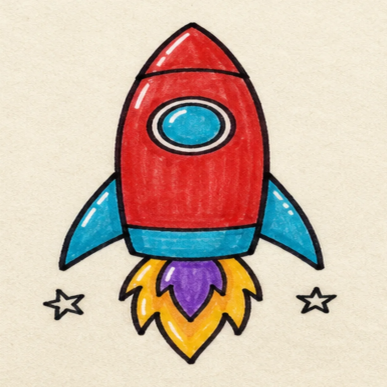 Handmade marker doodle of a face-free upright cartoon rocket ship with a red body, cyan fins and porthole, yellow and purple layered flame, tiny star marks, and thick black outlines