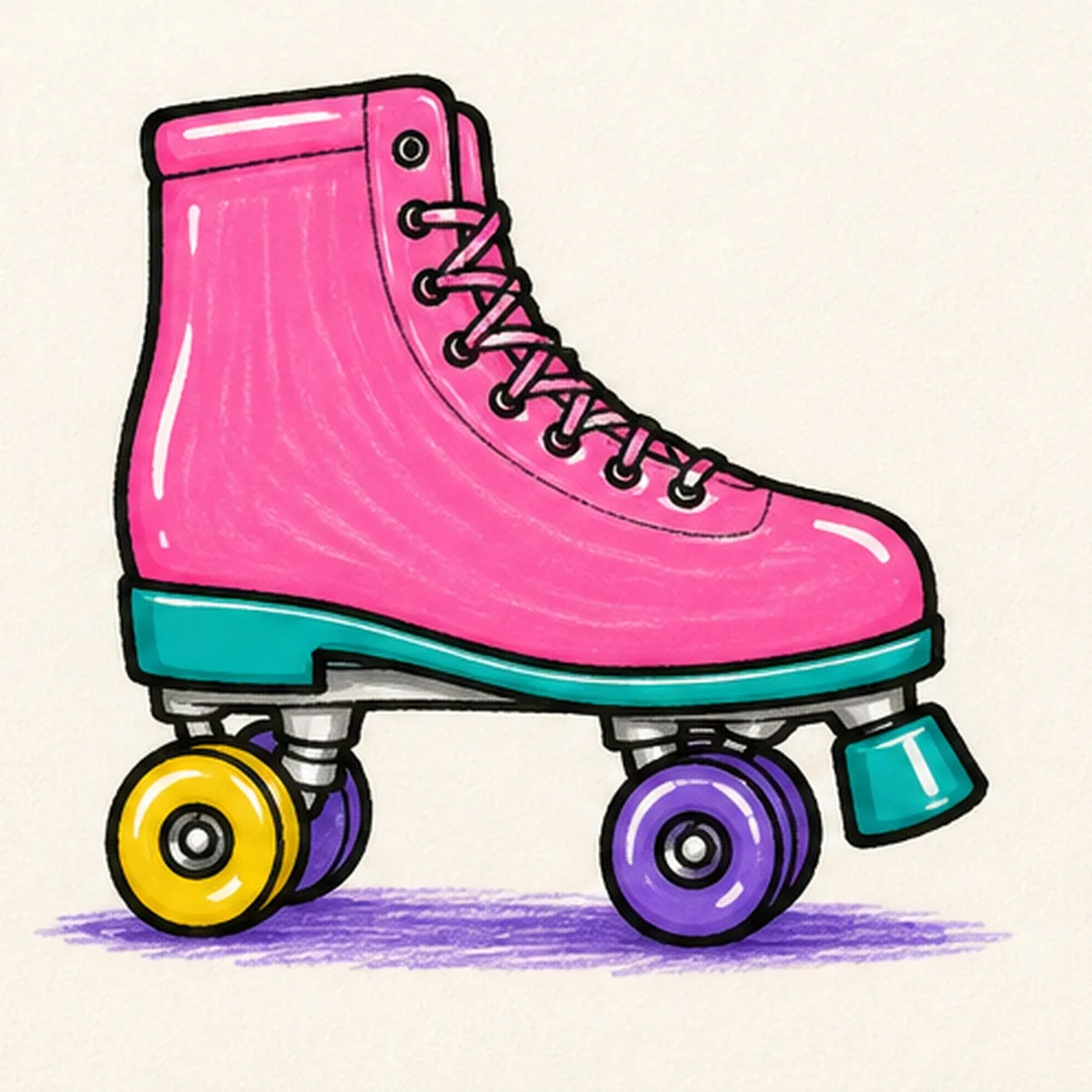 Handmade marker doodle of a face-free side-view pink cartoon roller skate with teal sole, four yellow and purple quad wheels, crisscross laces, a purple ground shadow, and thick black outlines