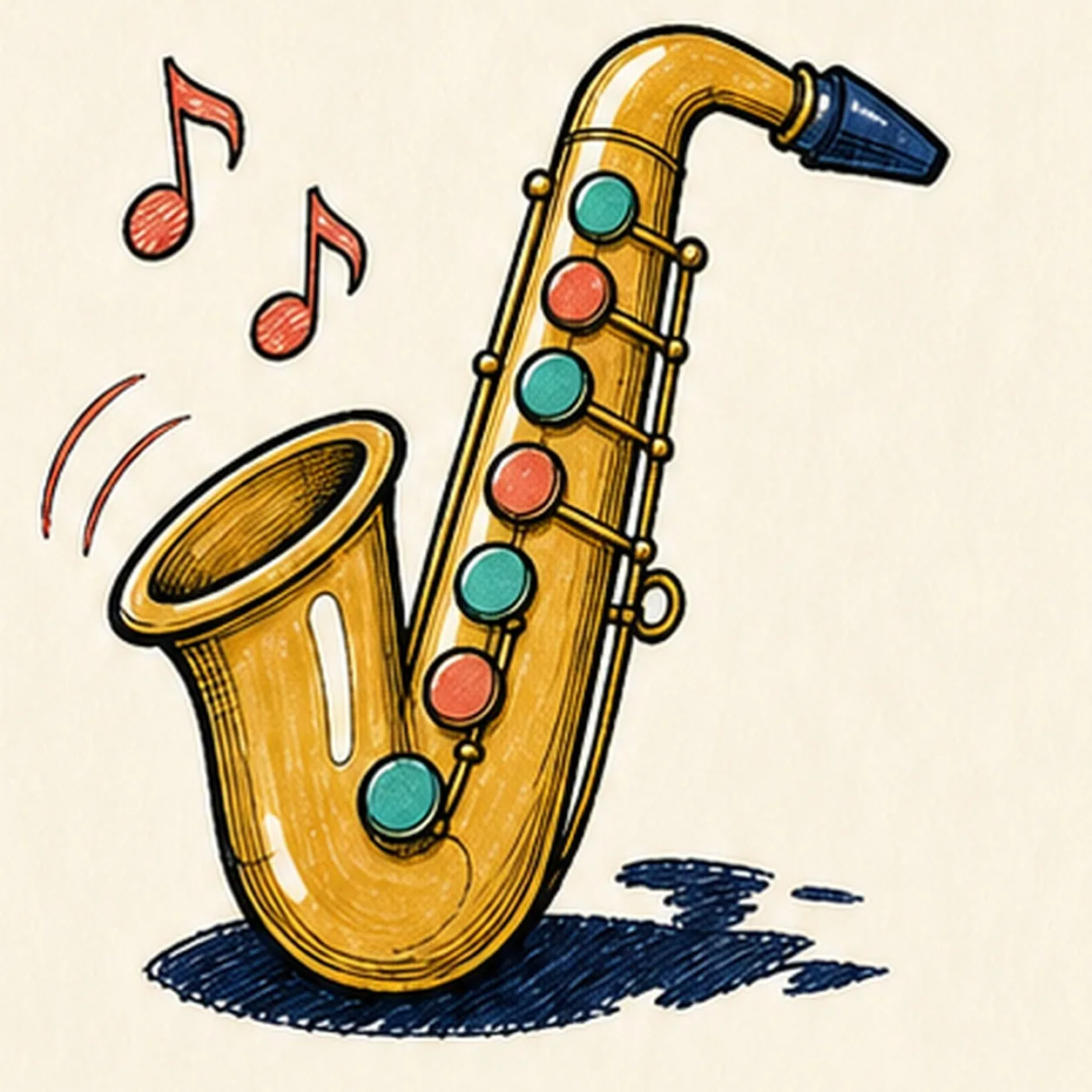 Handmade face-free felt-tip marker drawing of one warm mustard-and-ochre cartoon saxophone with one broad flared bell, one curved body and bent neck, one deep-navy mouthpiece, exactly seven round key pads alternating teal and coral, three long key rods, one small strap loop, exactly two coral music notes, exactly two coral sound arcs, three white paper highlights, thick imperfect black outlines, visible marker grain, and one broken deep-navy shadow