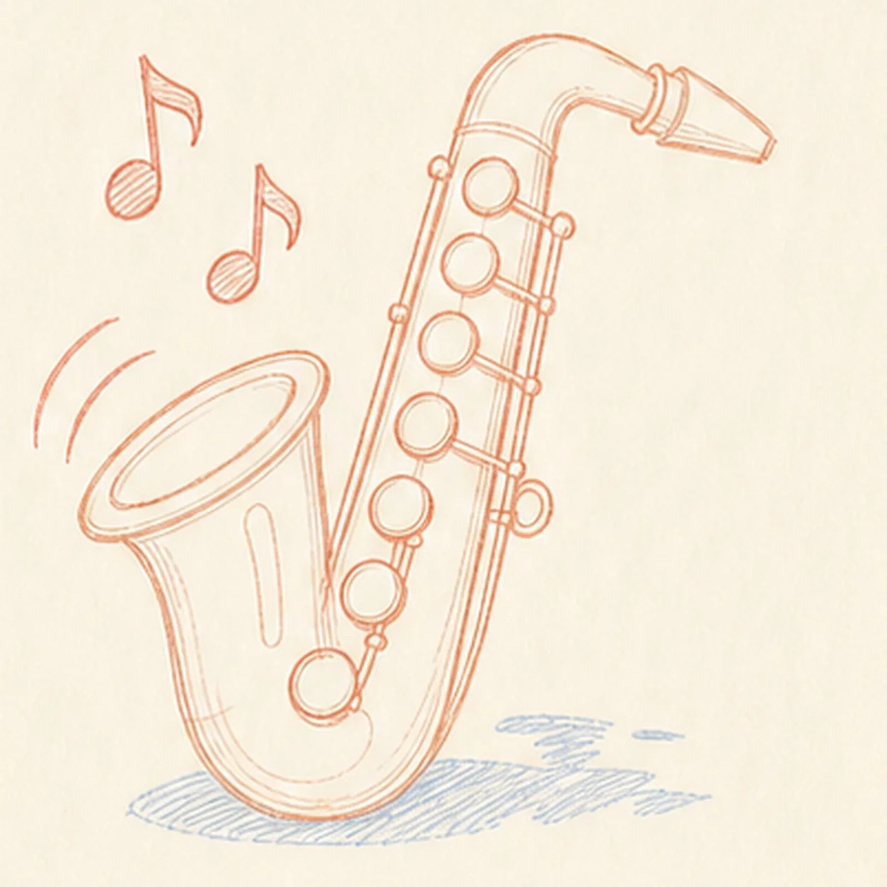 Connect the keys and sound marks stage for how to draw a cartoon saxophone