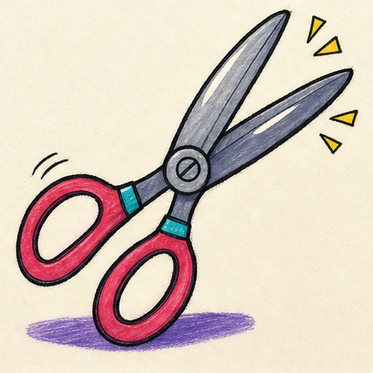 Handmade face-free marker drawing of one open pair of diagonal scissors with two cool-gray blades, two raspberry rounded handle loops, two turquoise grip bands, one circular gray pivot screw, four yellow snip sparks, two black motion marks, narrow white blade highlights, thick imperfect black outlines, and violet ground shadow