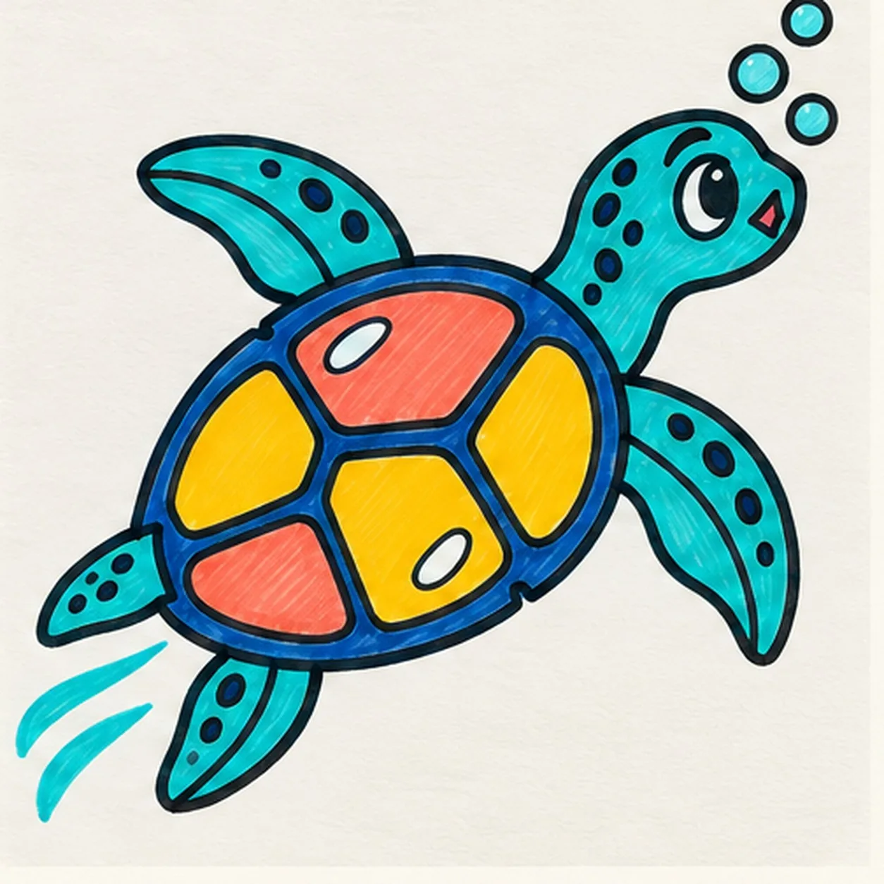 Handmade felt-tip marker drawing of one cheerful cartoon sea turtle swimming toward the upper right with one teal head and curved neck, one tiny open coral diamond mouth, one large almond side eye with a high pupil, one raised curved brow, one domed shell with a deep-navy rim and exactly five large scutes colored coral and golden yellow, exactly four attached teal flippers with dark seams and navy spots, one small pointed tail, exactly three aqua bubbles, exactly two aqua water swooshes, exactly two open-paper shell highlights, thick imperfect black outlines, and visible directional marker texture