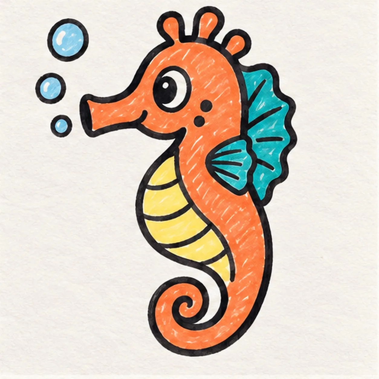 Handmade felt-tip marker drawing of one left-facing coral-orange cartoon seahorse with a thick inward-spiral tail, one teal scalloped dorsal fin, one teal fan-shaped pectoral fin, three rounded head crest bumps, one large eye, four pale-yellow belly bands divided by three black curves, two black cheek spots, exactly three blue bubbles beside the snout, thick imperfect black contours and visible white-paper marker streaks