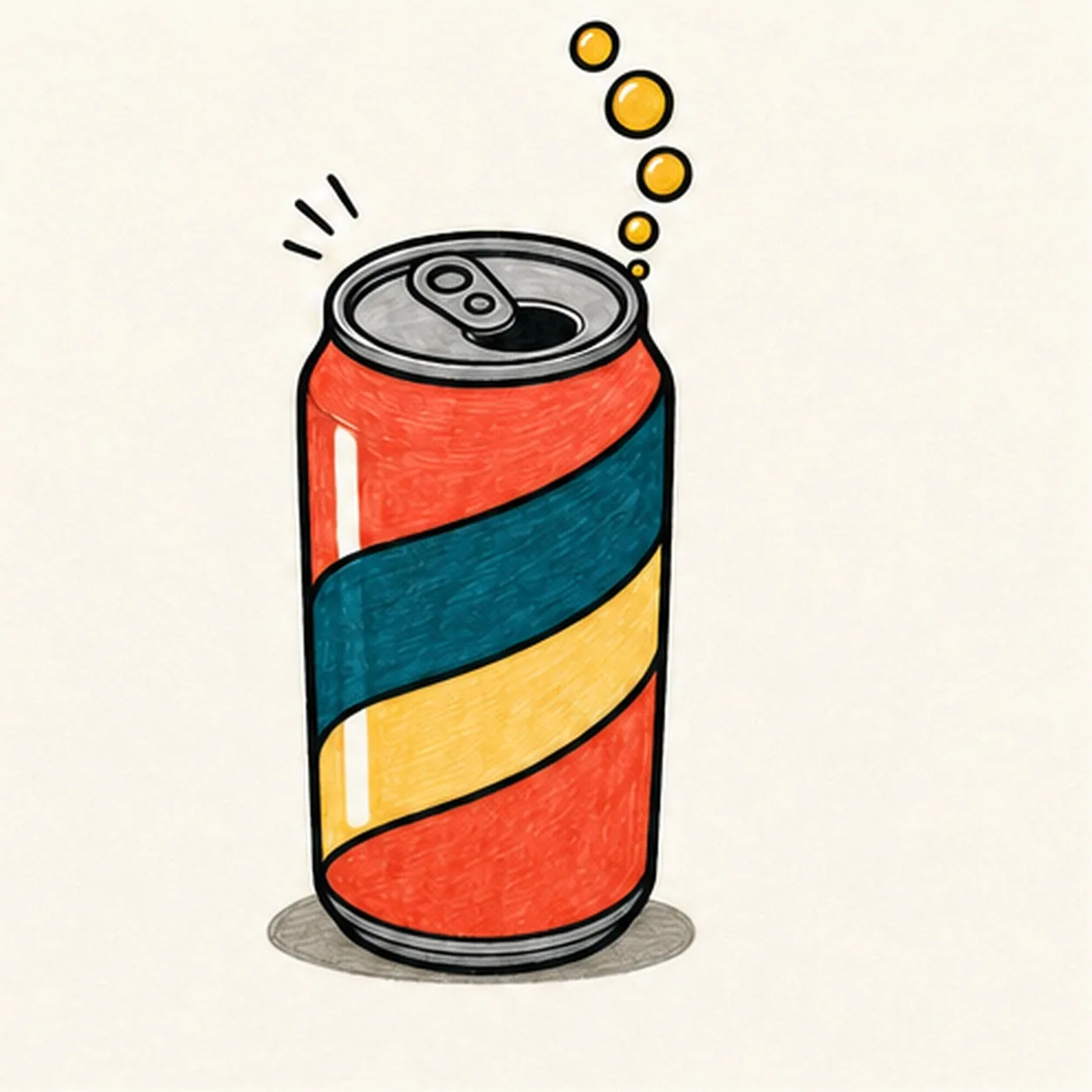 Handmade face-free marker drawing of one upright three-quarter soda can with a slightly tapered coral-red body, cool-gray top and bottom rims, one pull tab, one black can opening, one center rivet, two blank sweeping diagonal label bands in deep teal and pale butter, exactly five golden-yellow fizz bubbles rising in one curved arc, exactly three short black motion ticks, exactly two vertical warm-paper highlight gaps, thick imperfect black outlines, visible marker streaks, and one shallow warm-gray oval shadow