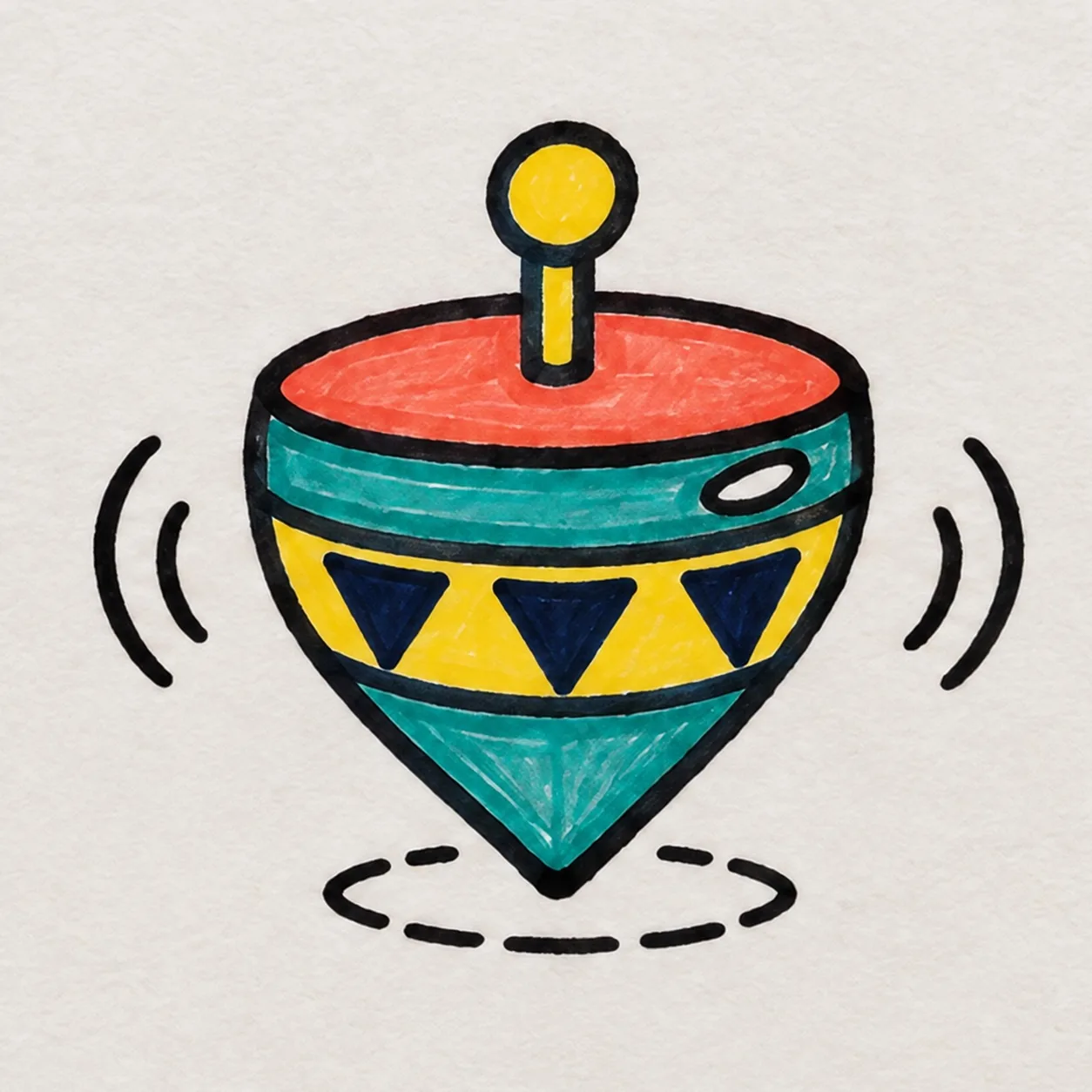 Handmade felt-tip marker drawing of one colorful spinning top with an elliptical coral top, yellow round knob, yellow shaft with dark teal sides, teal body bands, three navy downward triangles with yellow gaps, one white oval shine on the upper-right band, two motion curves on each side, a broken oval shadow, uneven black ink edges, and visible marker streaks