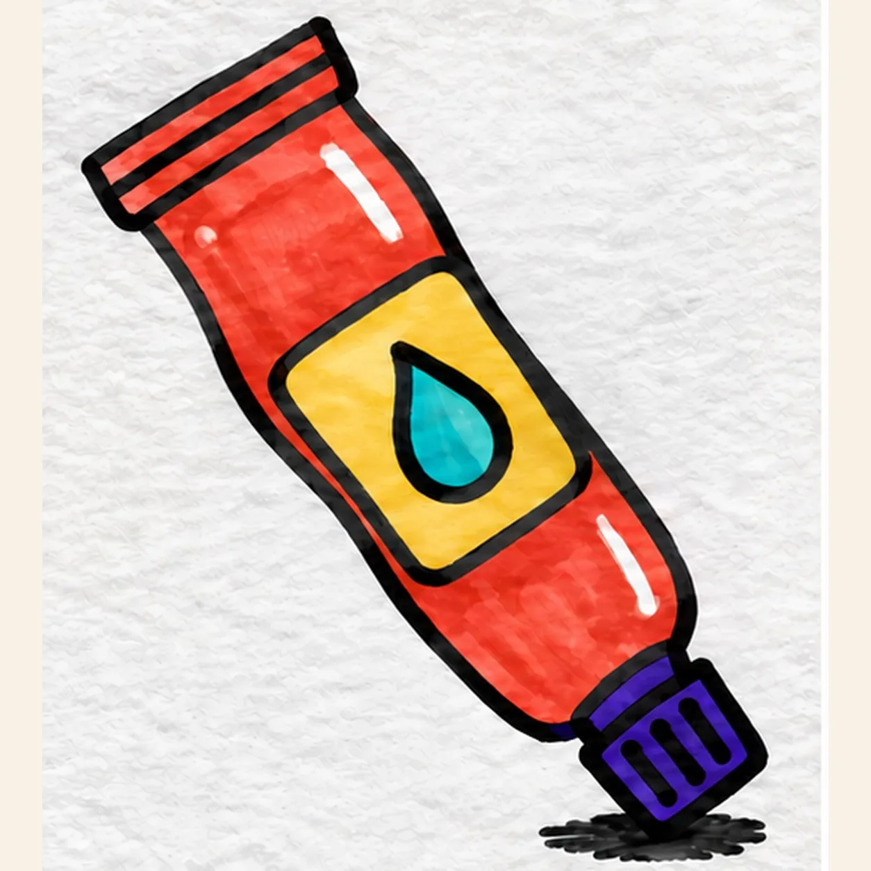 Handmade felt-tip marker drawing of one diagonally squeezed coral paint tube with a folded upper crimp, attached violet cap with three black ribs, a yellow front label holding one turquoise paint drop, two white shine streaks, one tiny shine spot, and a broken black shadow