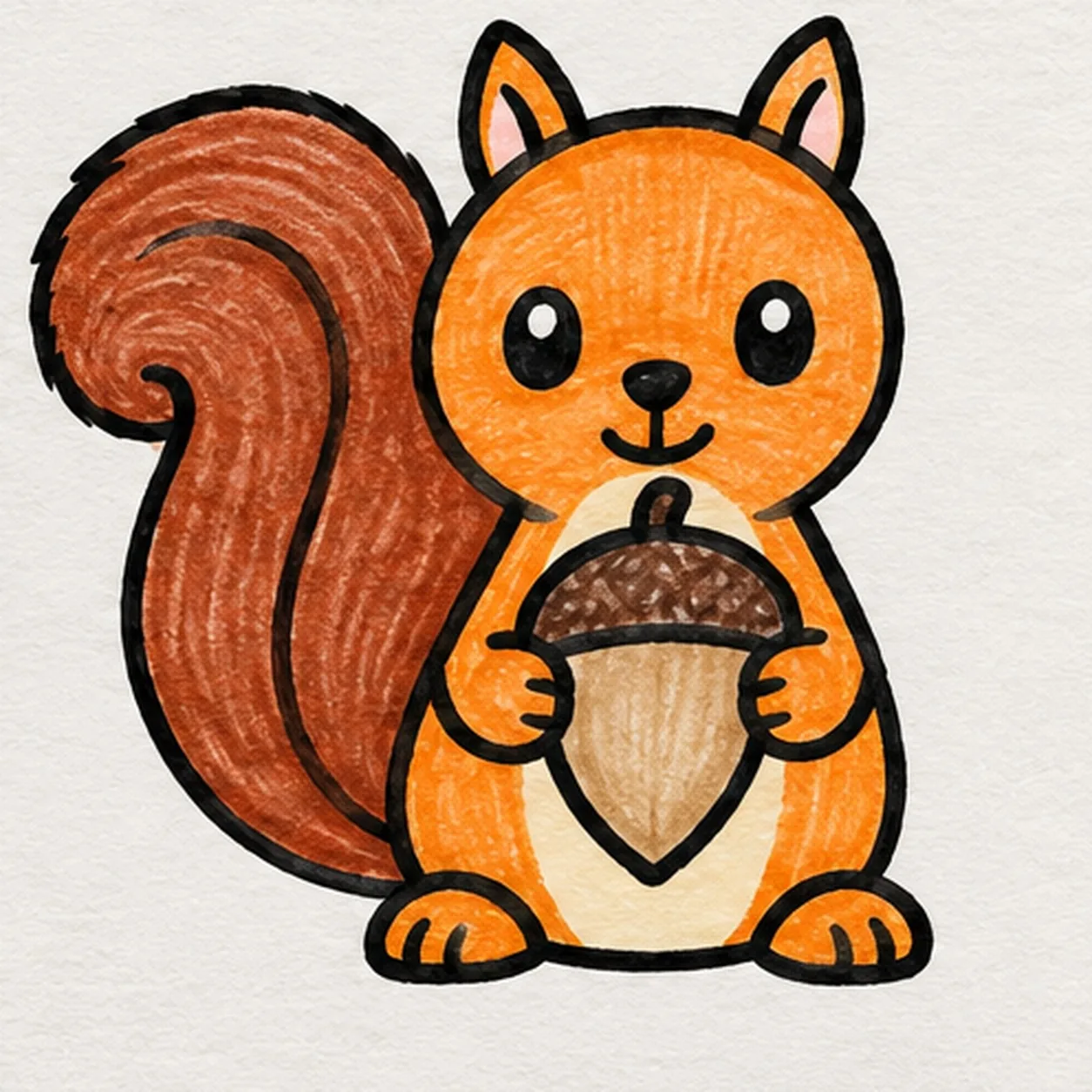Handmade felt-tip marker drawing of one orange cartoon squirrel with two pointed ears, a large rust curled tail, two eyes and a smile, two paws holding one brown-capped acorn, two feet, and visible marker streaks