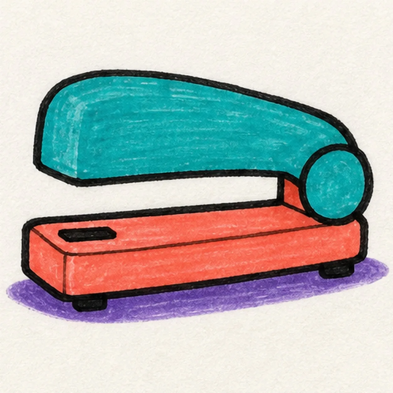 Bold marker drawing of a face-free cartoon stapler with teal rounded top shell, coral base and front nose, rear hinge, staple slot, tiny feet, thick black outlines, and purple shadow
