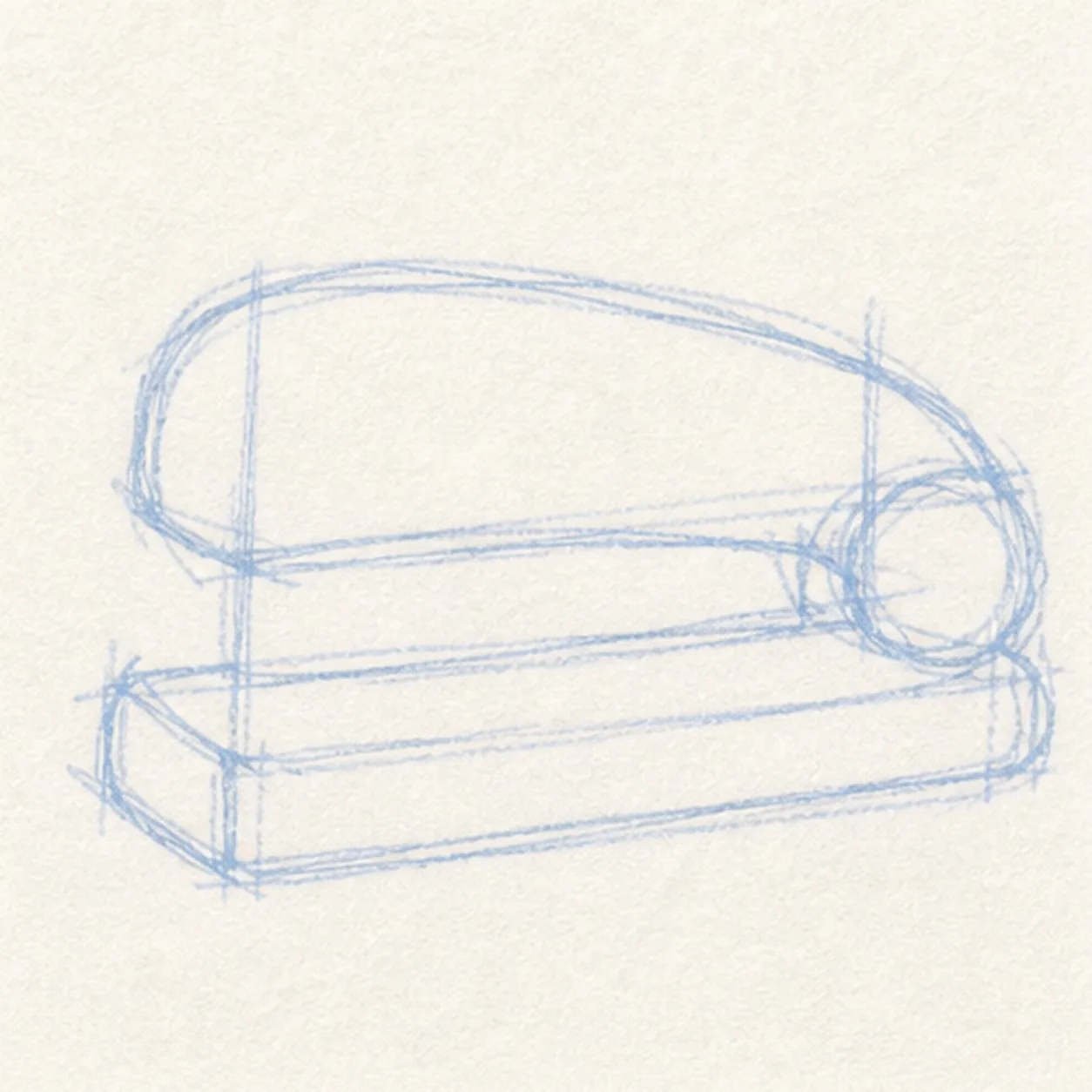 Sketch a loose full-size guide stage for how to draw a cartoon stapler