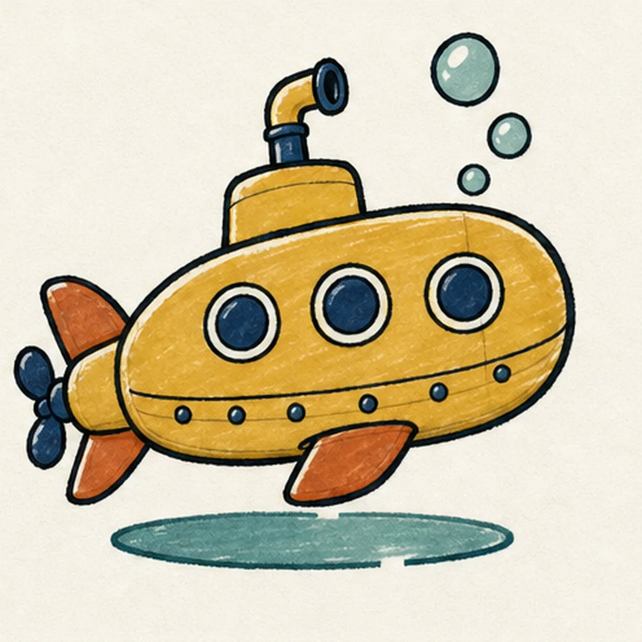 Handmade felt-tip marker drawing of one face-free mustard cartoon submarine in a slightly upward side view with one rounded capsule hull, small tower, bent mustard-and-navy periscope, exactly three navy portholes, exactly six navy rivets, exactly two rust-orange tail fins, one navy three-blade propeller, one rust-orange lower side fin, exactly three seafoam bubbles, white paper highlight gaps, and one broken seafoam water shadow