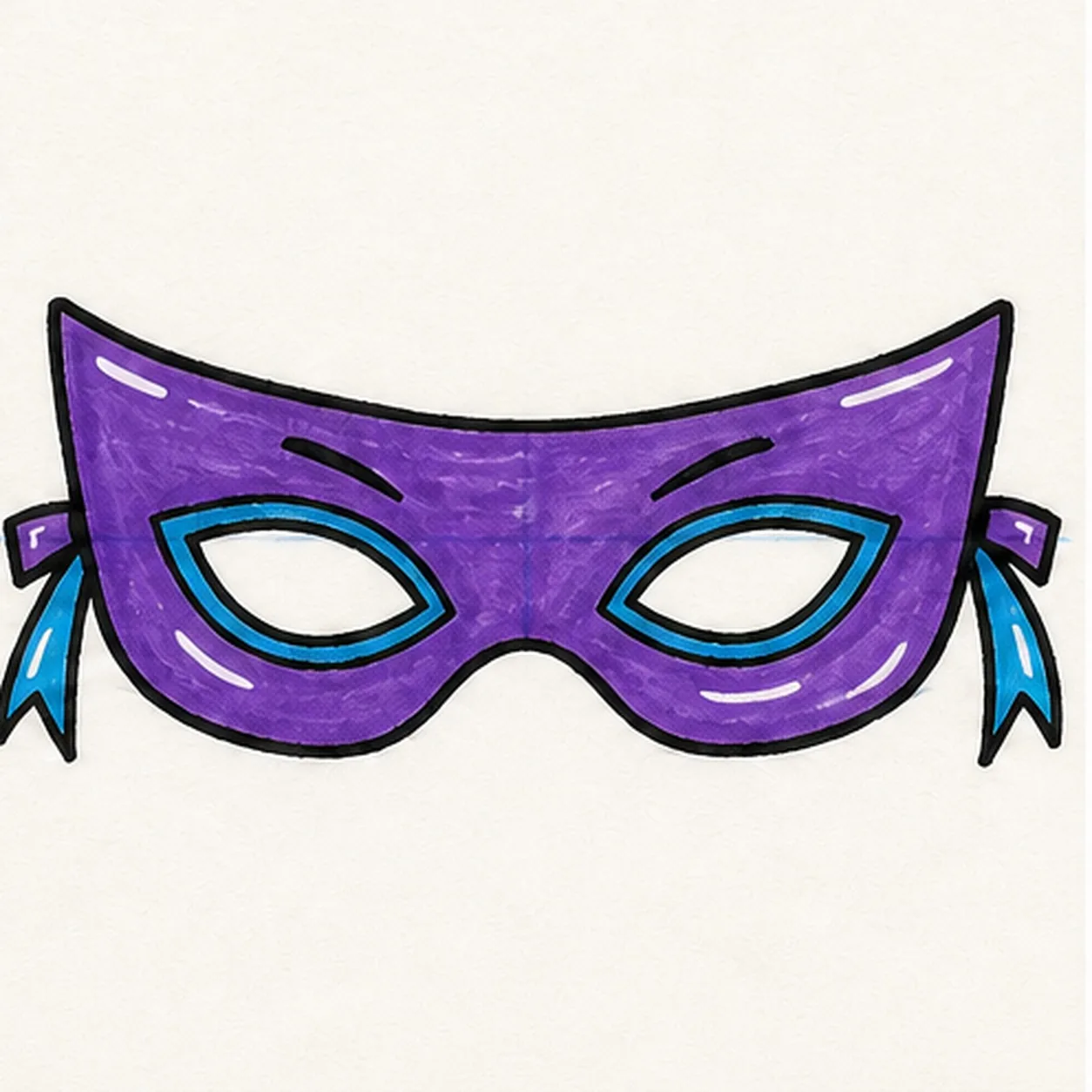 Handmade marker doodle of a face-free purple cartoon superhero mask with a swept brow, almond eye openings, black outlines, cyan eye rims and ribbon tails, and small white highlights