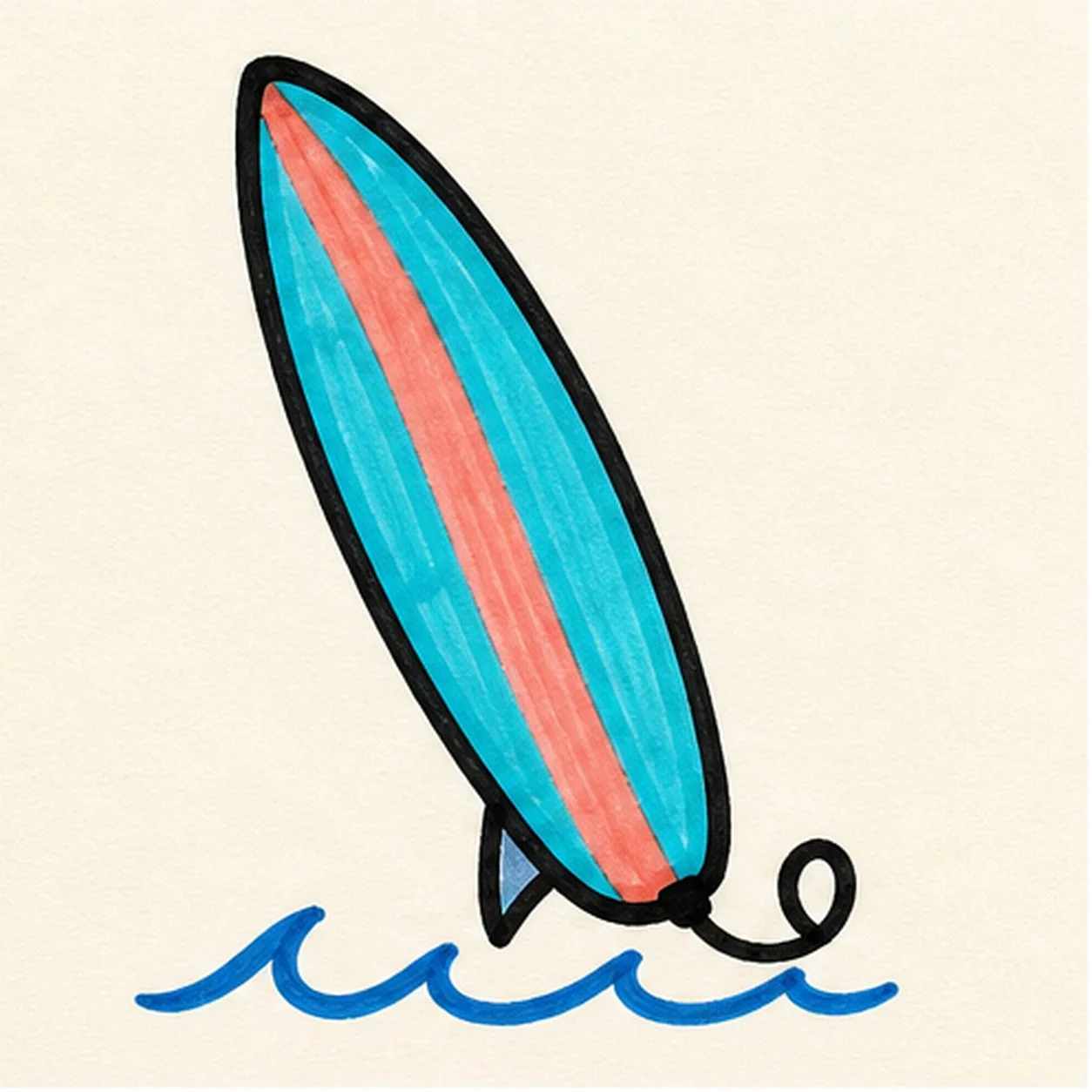 Handmade marker doodle of a tall cyan cartoon surfboard with a coral center stripe, black outline, small fin, curled leash, and blue wave marks