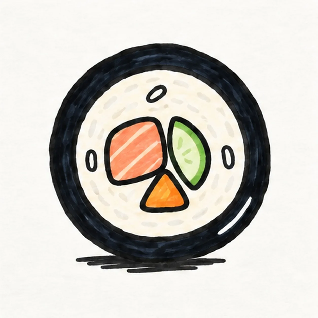 Handmade felt-tip marker drawing of one face-free front-view cartoon sushi roll with a thick deep-navy seaweed ring, pale cream rice, one coral salmon block with two pale streaks, one green cucumber wedge with light seed marks, one orange carrot triangle, exactly three black rice-grain marks at left, top, and right, one white glint on the lower-right wrap, visible marker texture, and one short broken black ground shadow