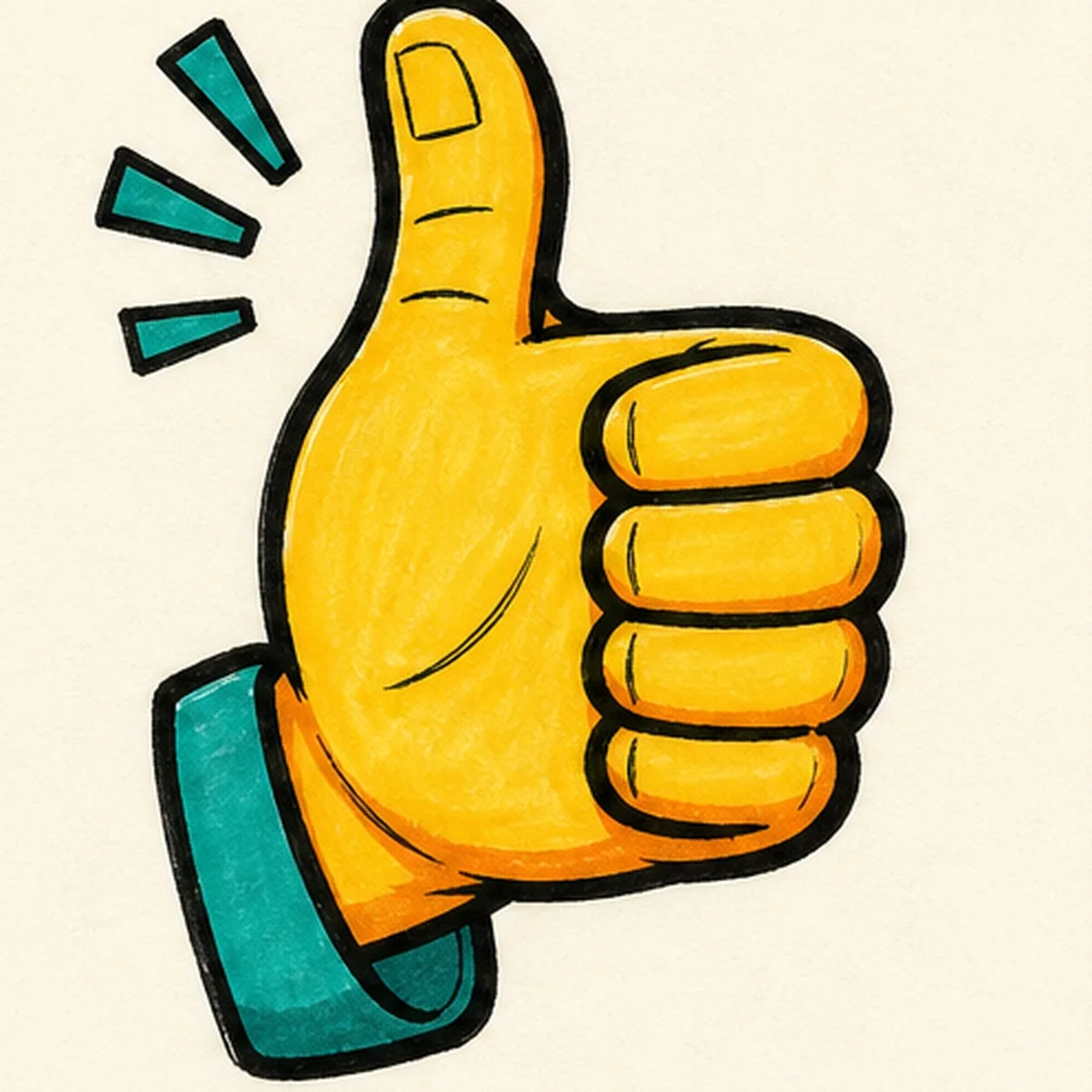 Handmade face-free marker drawing of an upright golden-yellow cartoon thumbs-up hand with exactly four folded fingers, one raised thumb, orange shadow accents, a teal cuff, three teal comic rays, and thick black outlines
