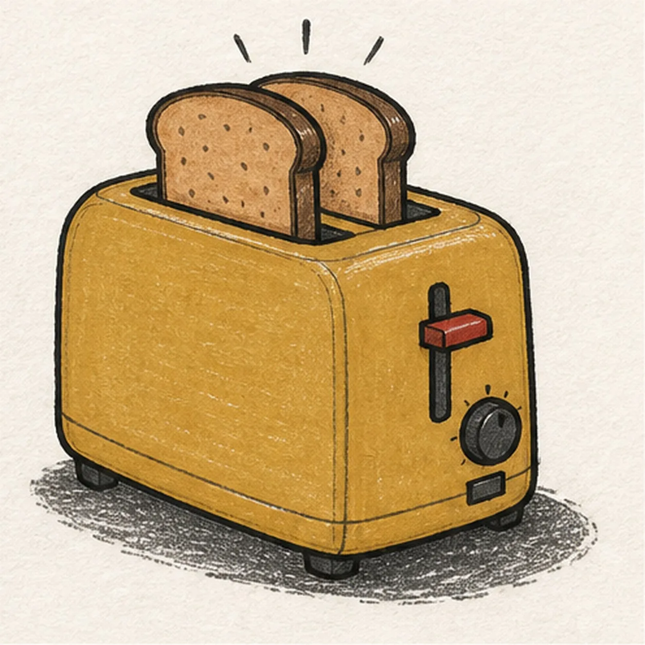 Handmade face-free marker drawing of one rounded retro toaster in three-quarter view with a muted mustard housing, exactly two toast-brown slices popping from one black top slot, three visible charcoal feet, one side lever with a paprika-red handle, one round charcoal browning dial, one small rectangular cancel button, exactly three black popping rays, thick imperfect black outlines, visible marker streaks and paper highlights, and one broken charcoal oval shadow