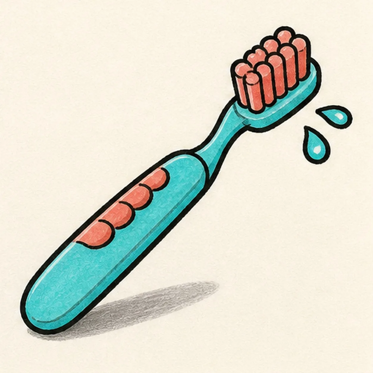 Bold marker drawing of a diagonal cartoon toothbrush with aqua handle, coral grip bumps and bristles, rinse droplets, thick black outlines, visible marker texture, and small gray shadow