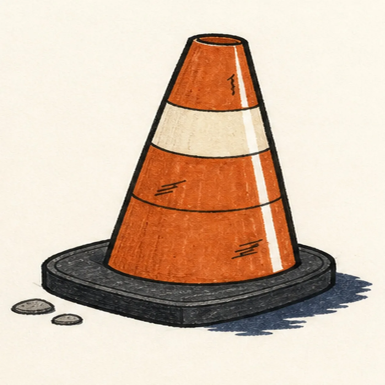 Handmade face-free marker drawing of one slightly right-leaning three-quarter traffic cone with a burnt safety-orange tapered body, one small dark oval top opening, one broad warm-cream reflective band, one lower curved taper guide, exactly three black scuff clusters, one narrow vertical paper highlight, one broad charcoal rubber base with a visible top plane and front thickness, exactly two warm-gray road pebbles, thick imperfect black outlines, visible dry-marker texture, and one broken muted-navy offset shadow