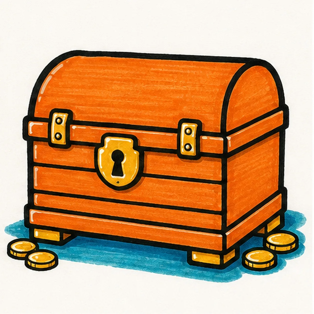 Handmade marker doodle of a face-free orange cartoon treasure chest with a domed lid, black outlines, gold lock and hinges, squat feet, loose coins, and a teal-blue ground shadow