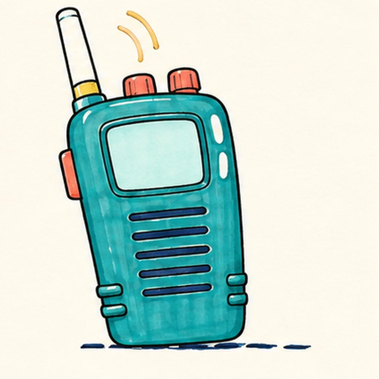 Handmade felt-tip marker drawing of one face-free upright teal cartoon walkie-talkie leaning slightly right with one top-left antenna, exactly two coral top knobs, one attached coral push-to-talk button on the upper-left side, one blank pale-aqua rounded screen with a dark bezel, exactly five horizontal deep-navy speaker slots, exactly two yellow radio-wave arcs above the antenna, exactly two open-paper case highlights, exactly four lower grip ribs arranged two per side, thick imperfect black outlines, visible directional marker texture, and one broken deep-navy ground shadow