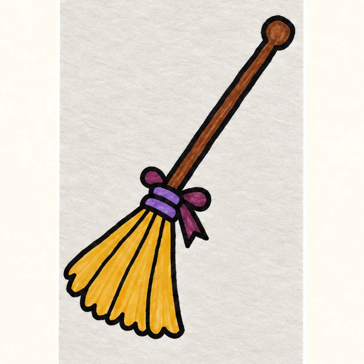 Handmade felt-tip marker drawing of a witch's broom angled from lower left to upper right, with a brown handle, round knob, golden scalloped straw fan with three division lines, two violet collar bands, and a plum two-loop bow with one short notched tail