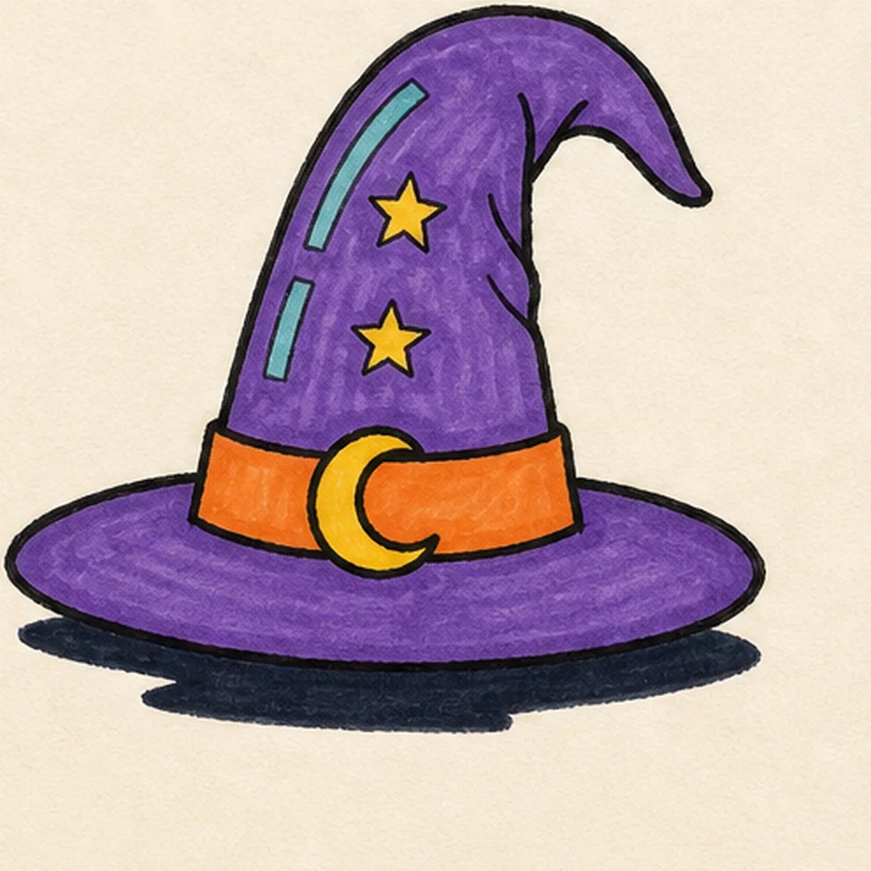 Handmade felt-tip marker drawing of one face-free purple cartoon wizard hat with one wide oval brim, one tall cone bent right, one orange band, one yellow crescent-moon buckle, exactly three yellow five-point stars, exactly two teal open-paper shine marks, thick imperfect black outlines, visible purple and orange marker streaks, and one flat broken deep-navy shadow