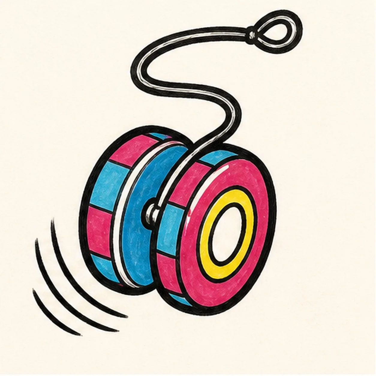 Handmade face-free marker drawing of a three-quarter cartoon yo-yo with two offset discs, a narrow center groove and axle, one black looping string with an open finger loop, three curved motion arcs, alternating magenta and cyan rim panels, a yellow center ring, and thick outlines