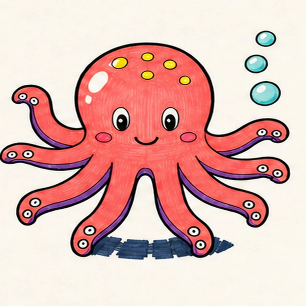 Handmade felt-tip marker drawing of one cheerful face-forward coral cartoon octopus with one rounded mantle, exactly eight clearly separated tapering arms with eight visible tips, two oval eyes, one curved smile, exactly two white sucker circles on each arm, exactly three aqua bubbles, exactly six yellow mantle spots, two open-paper head highlights, two pink cheek marks, purple underside accents, thick imperfect black outlines, visible directional marker texture, and one broken navy shadow