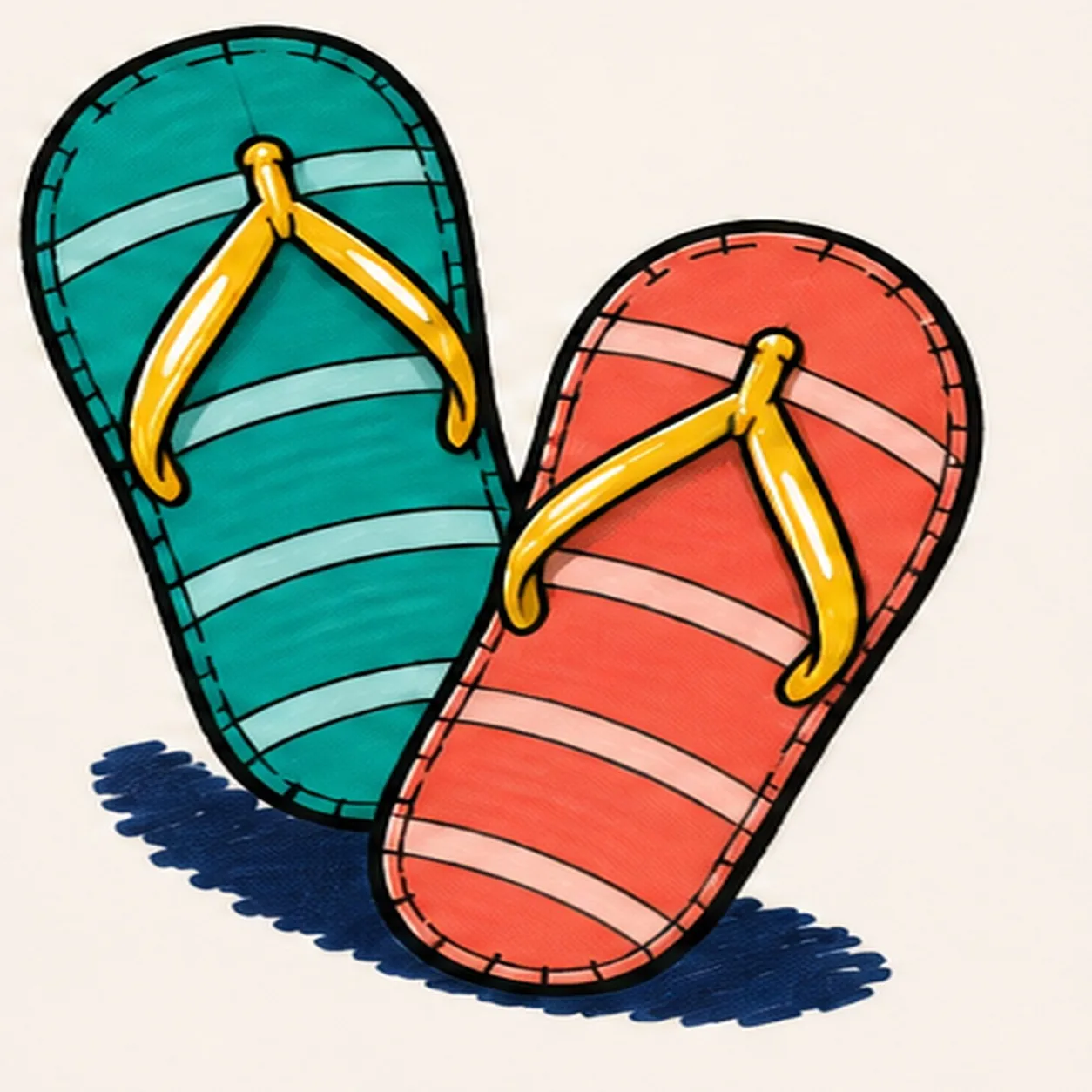 Handmade felt-tip marker drawing of exactly two face-free overlapping flip-flops on warm paper: one rear-left teal sandal tilted upward and one front-right coral sandal tilted downward, each with one golden-yellow Y-shaped strap containing exactly three fixed branches, exactly three pale-aqua curved sole bands, exactly two open-paper strap highlights, small black outer-edge tread notches, thick imperfect black outlines, visible directional marker streaks, and one broken deep-navy ground shadow