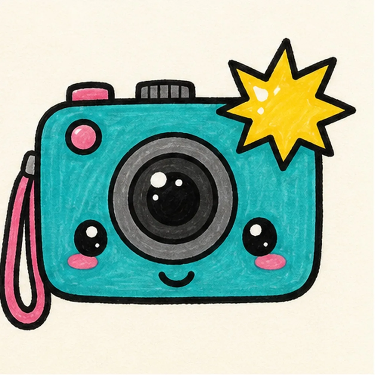 Bold marker doodle of a cute teal comic camera with large lens, yellow flash burst, pink strap, face, buttons, thick black outline, and marker texture