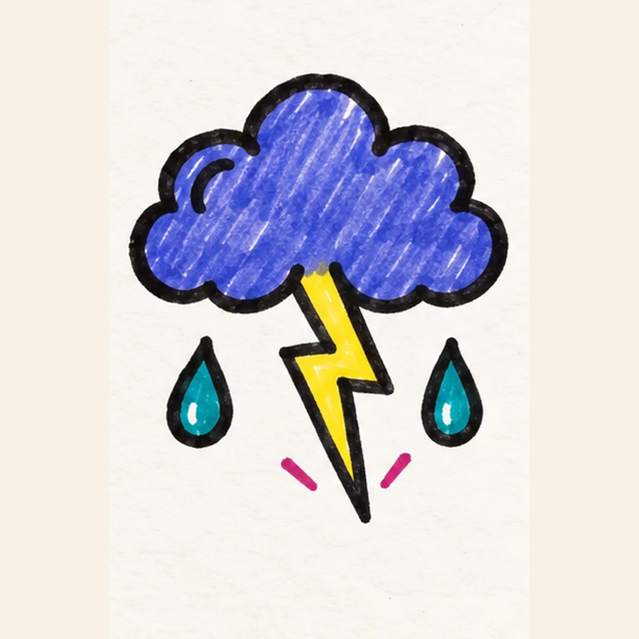 Handmade felt-tip drawing of a blue-violet puffy cloud with a thick black outline, one central yellow zigzag lightning bolt, one teal raindrop on each side, one small black curl inside the cloud, two magenta accent dashes by the bolt tip, and streaky marker texture