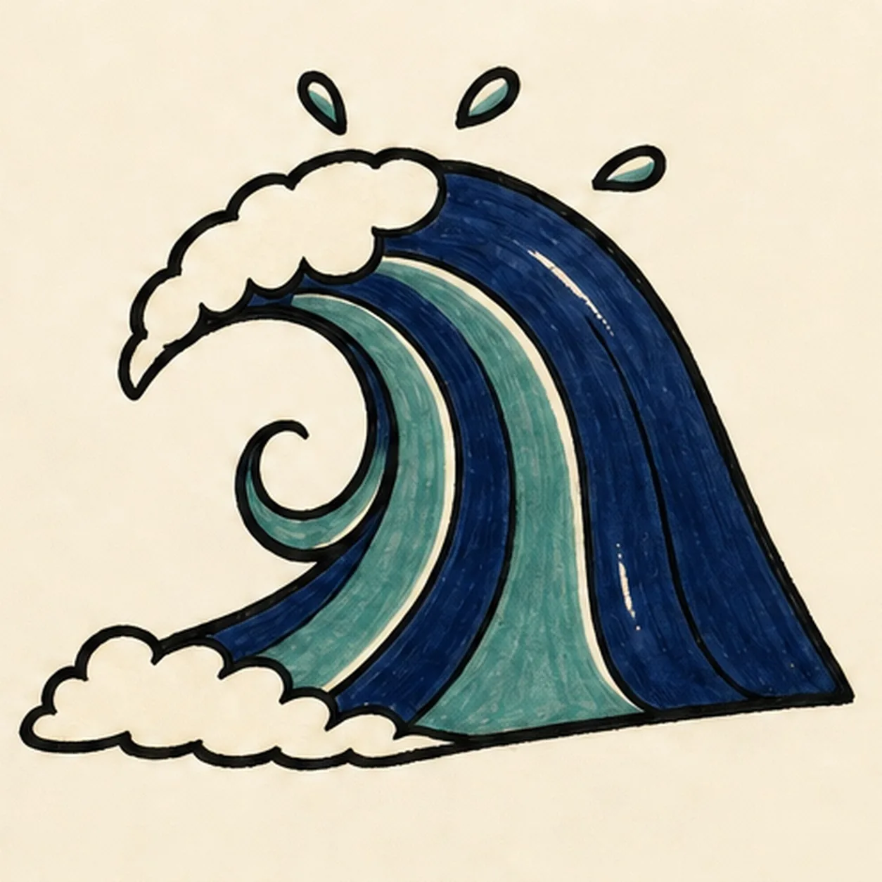 Handmade face-free marker drawing of one large comic ocean wave curling leftward from a low right base with one pointed crest, exactly three long inner flow bands, chunky cream foam scallops along the crest and base, exactly three separate sea-green spray droplets, thick imperfect black felt-tip outlines, deep-navy and muted sea-green marker fills, visible directional streaks, and small warm-paper highlight gaps; no face, text, scenery, sticker outline, or badge frame