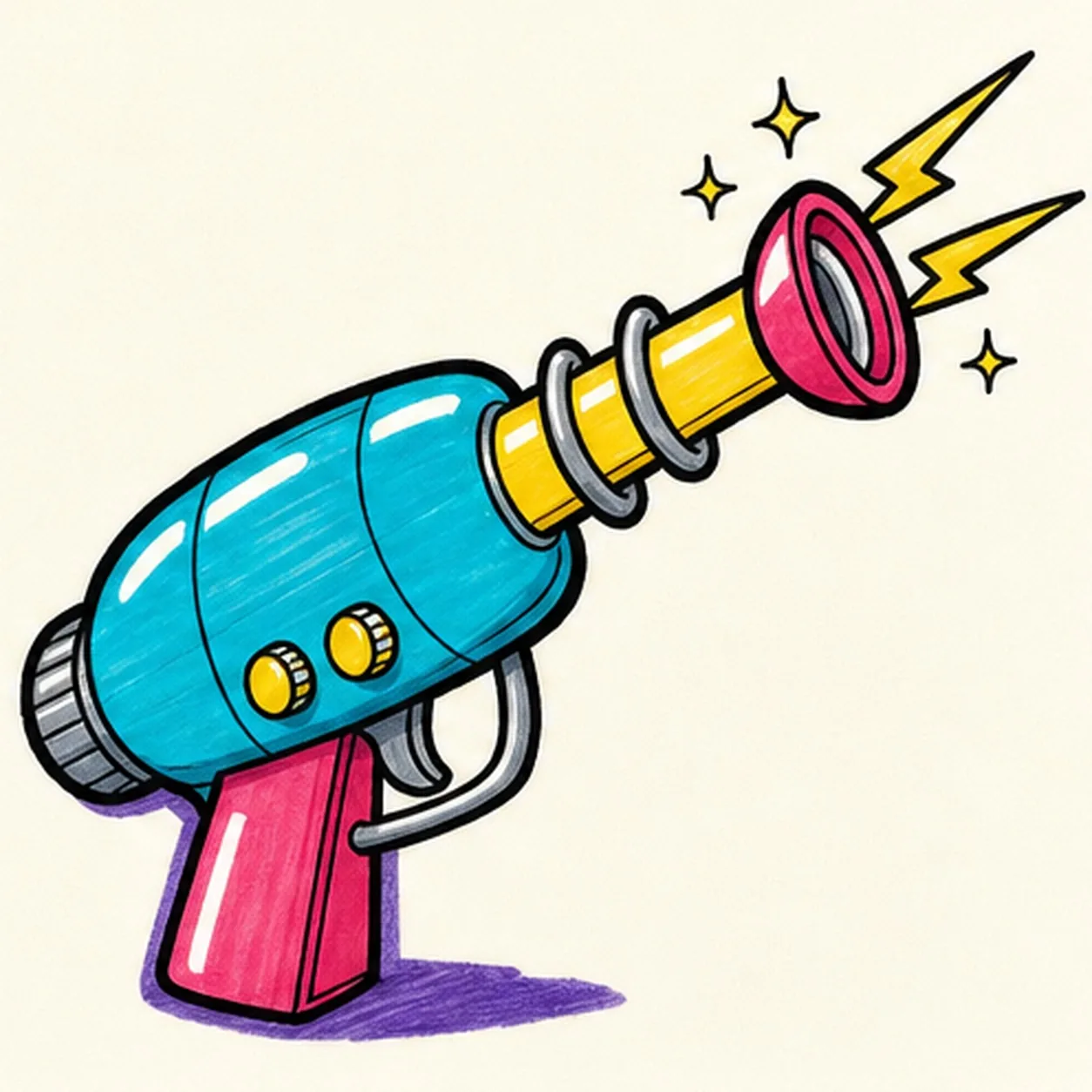Handmade face-free marker drawing of one clearly fictional retro comic ray gun angled from lower left to upper right with a cyan rounded body, yellow barrel, raspberry flared muzzle and grip, gray rear cap, trigger guard and curved trigger, two yellow control knobs, three body seams, two barrel coils, two yellow action rays, three yellow sparks, white highlight gaps, thick imperfect black outlines, and violet ground shadow