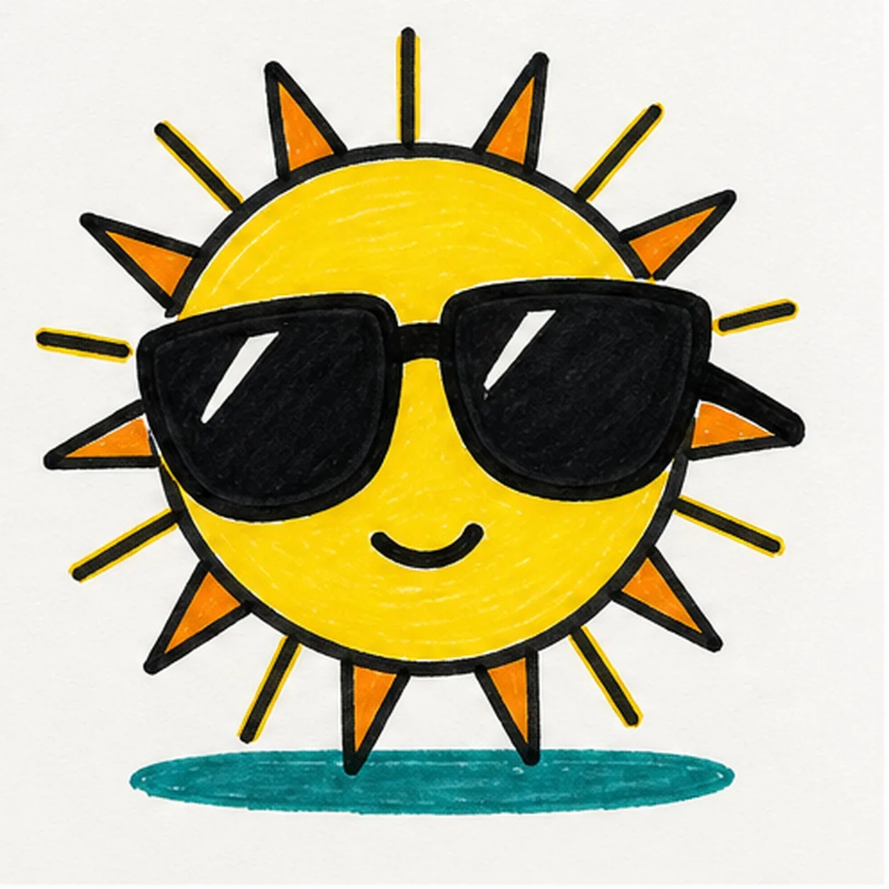 Handmade marker doodle of a round yellow comic sun with alternating orange rays, oversized black sunglasses with white highlights, a small curved smile, and teal ground shadow