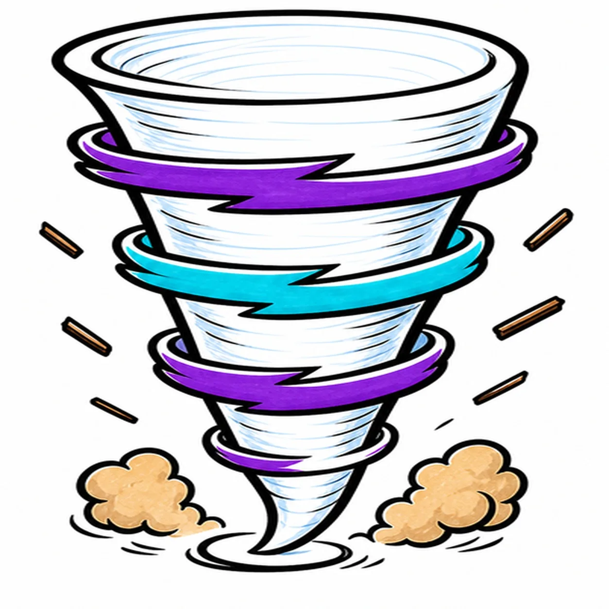 Handmade face-free marker drawing of a tapered comic tornado with three purple wind bands and one cyan wind band, two tan dust puffs, six flying debris strokes, thick black outlines, and white gaps between the bands