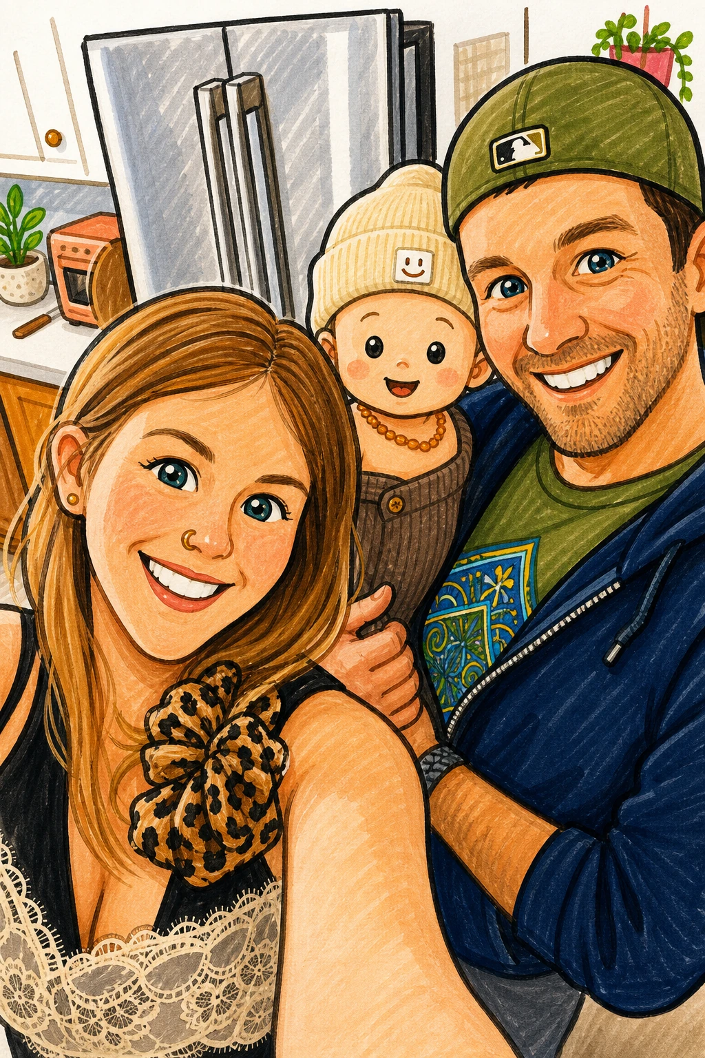 Marker doodle portrait of Robby, Tracie, and their baby in a home kitchen